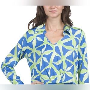Haute Hippie Sz L Faux Wrap Blue & Green Leaf Print Blouse V Neck Long Sleeve